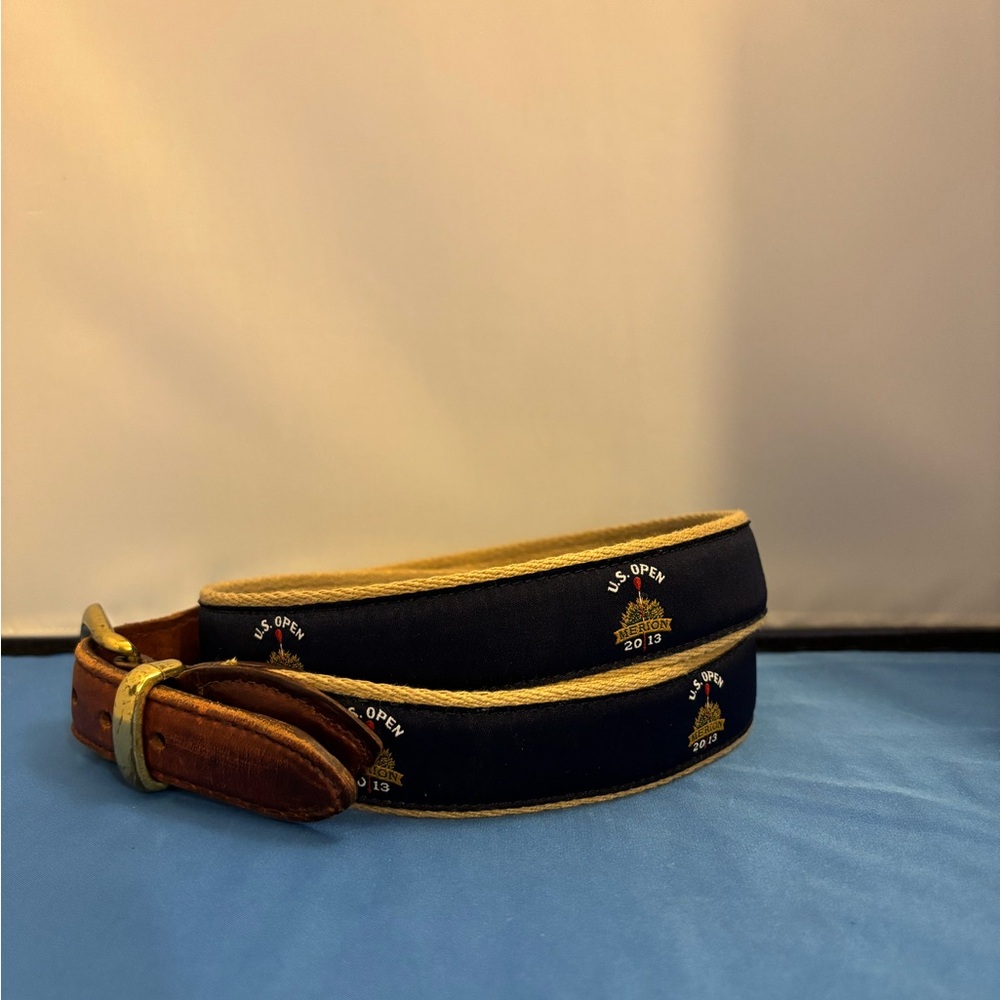Commemorative Canvas ribbon and leather ends belt for 2013 U.S. open with logo.